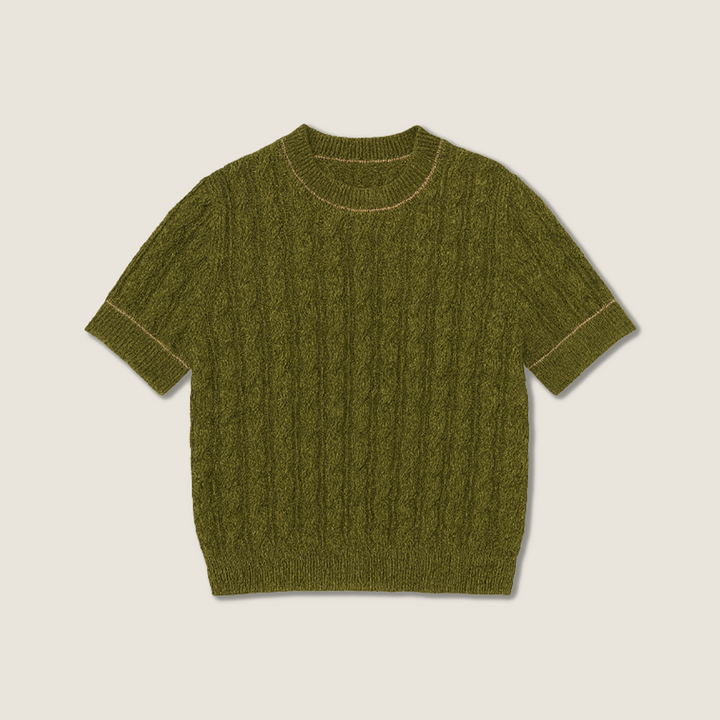 Women's Crew Neck Casual Cable Knit Short Sleeves Sweater A10312