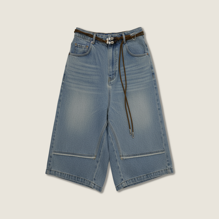 Women's Deconstructed Denim Shorts with Drawstring and Frayed Hem Unique Layered Design A10177