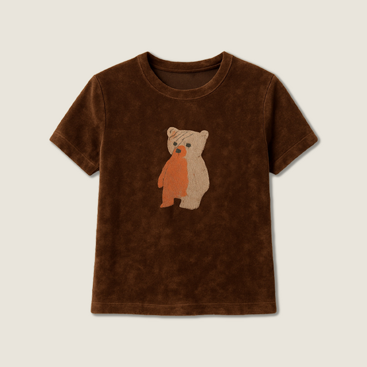 Women's Velvet Short-Sleeve T-Shirt with Cute Bear Graphic A10267