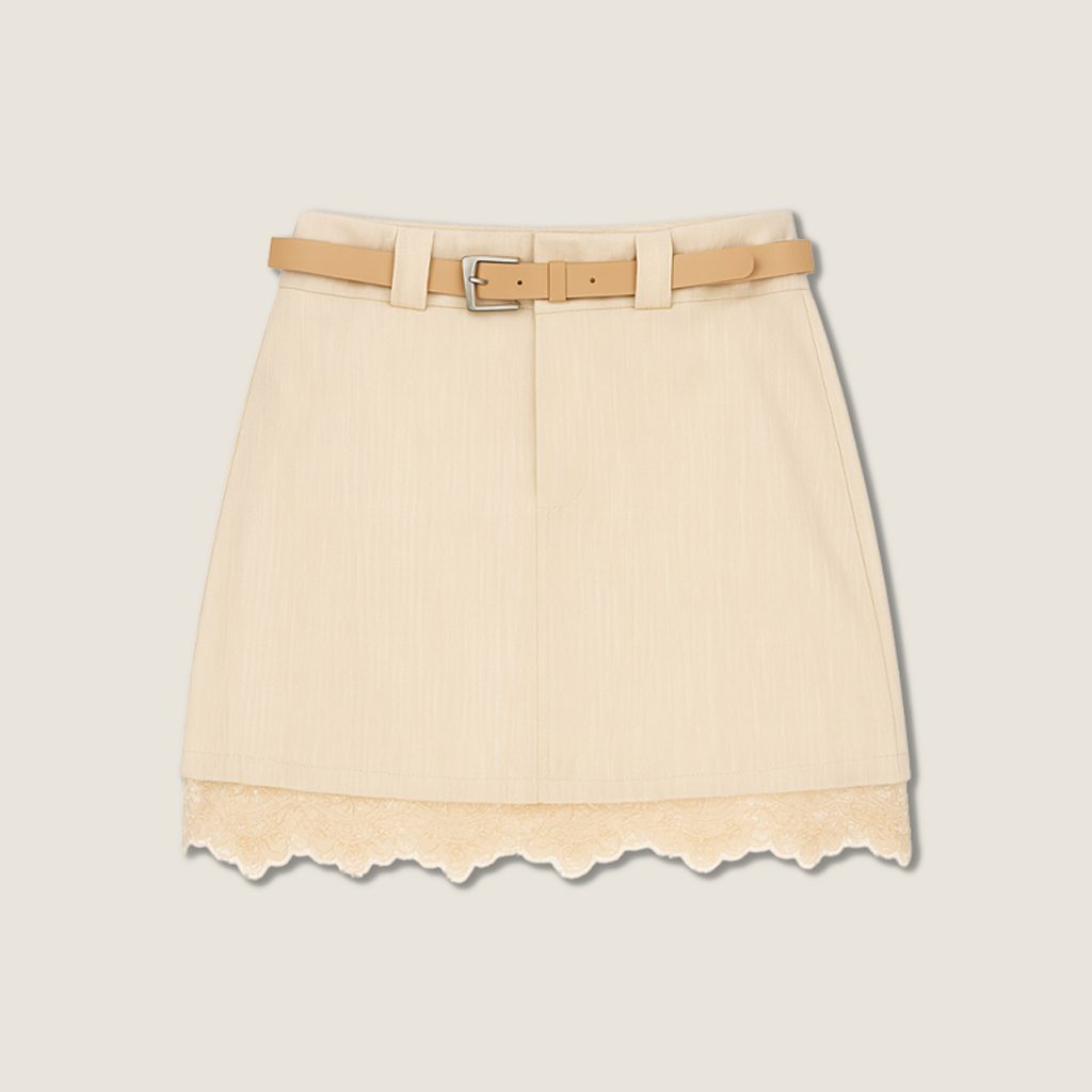 Women's Mini Skirt with Lace Trim and Belt A10371