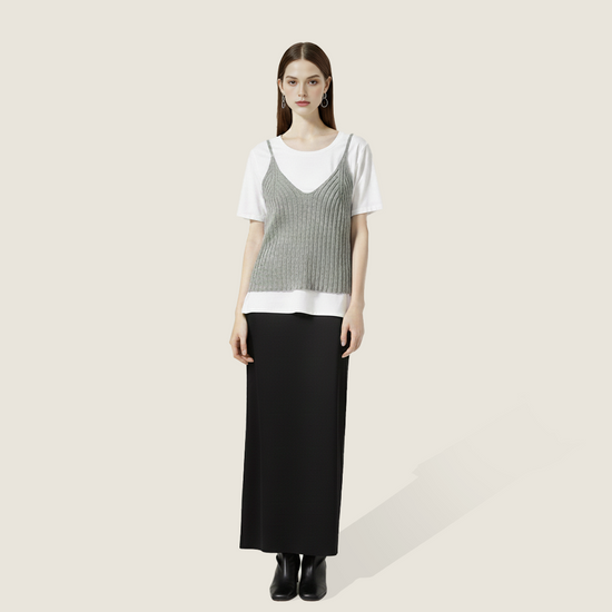 Women's Ribbed Cami Layered with White Short-Sleeve Top Trendy Casual Two-in-One Shirt A10066