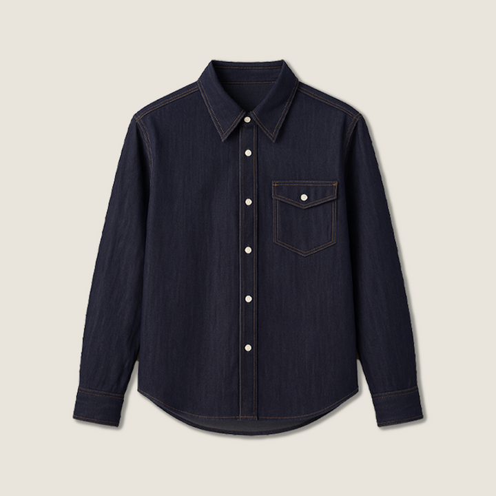Women's Retro Denim Button-Down Long Sleeve Collared Shirt with Contrast Stitching A10268