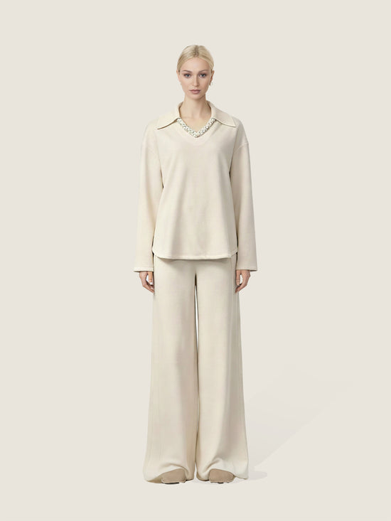 Collared Knit Pullover and Wide-Leg Pants Set M31N