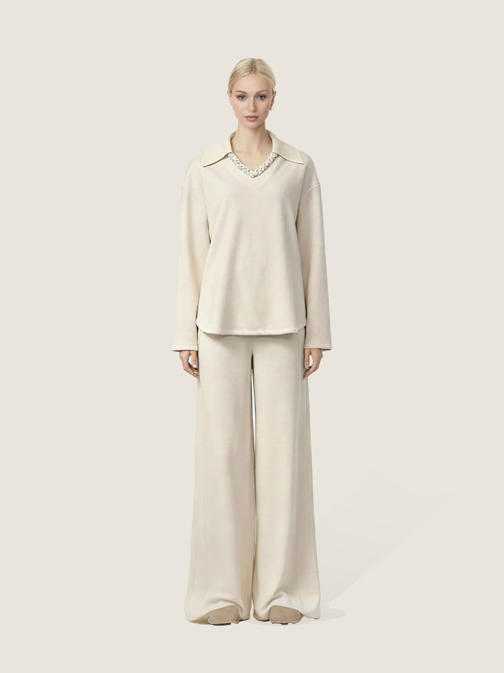 Collared Knit Pullover and Wide-Leg Pants Set M31N