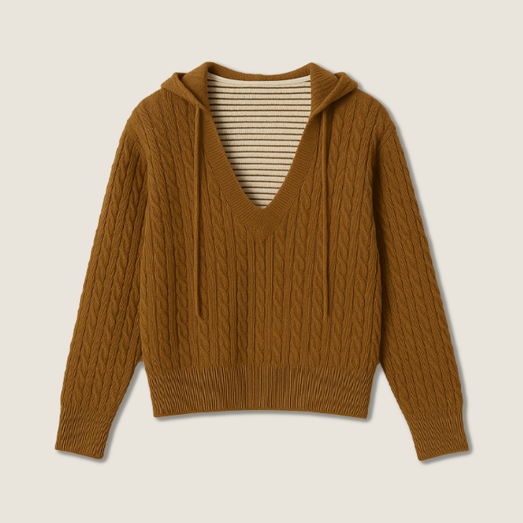 Women's Hooded Cable Knit Fake Two-Piece Striped Inner Layer Pullover A10212