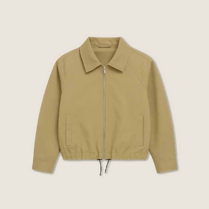 Women's Khaki Zip-Up Jacket with Contrast Cuffs and Drawstring Hem A10272