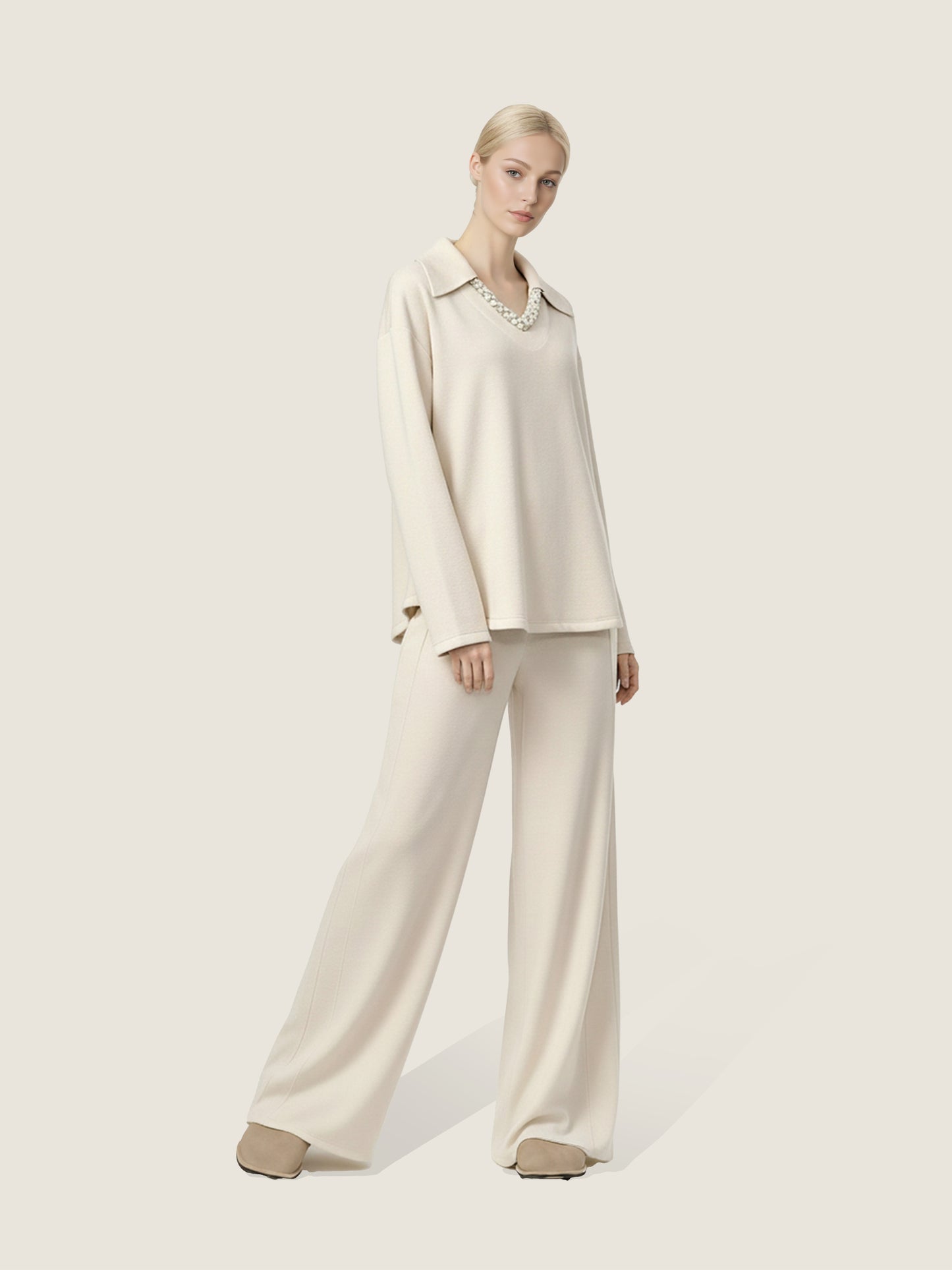 Collared Knit Pullover and Wide-Leg Pants Set M31N