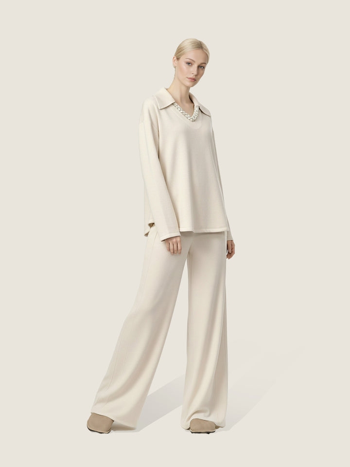 Collared Knit Pullover and Wide-Leg Pants Set M31N