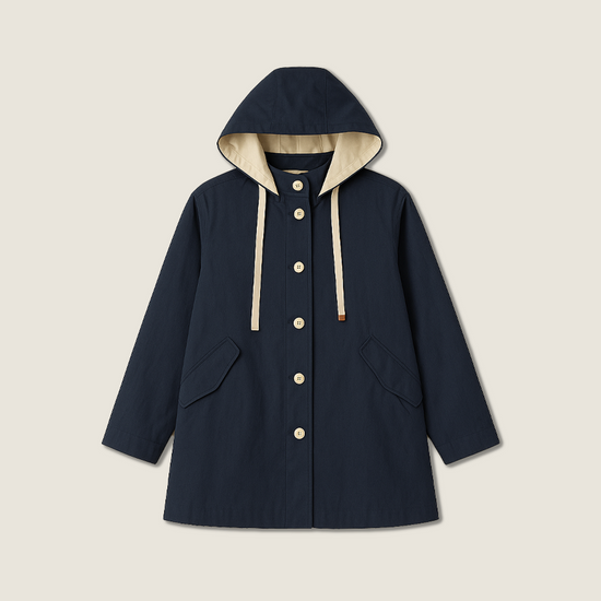 Women's Hooded Trench Coat-Trendy Button-Up Mid-Length Outerwear with Contrast Lining A10207