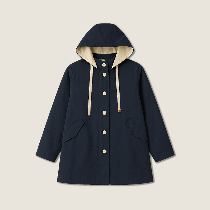 Women's Hooded Trench Coat-Trendy Button-Up Mid-Length Outerwear with Contrast Lining A10207