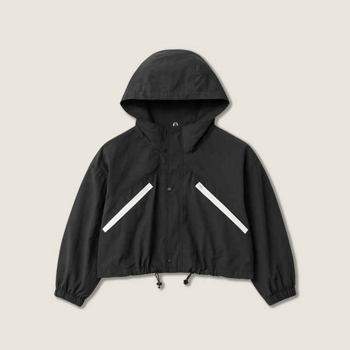 Women's Cropped Windbreaker Hooded Zip-Up Jacket with Contrast Stripe Details A10037