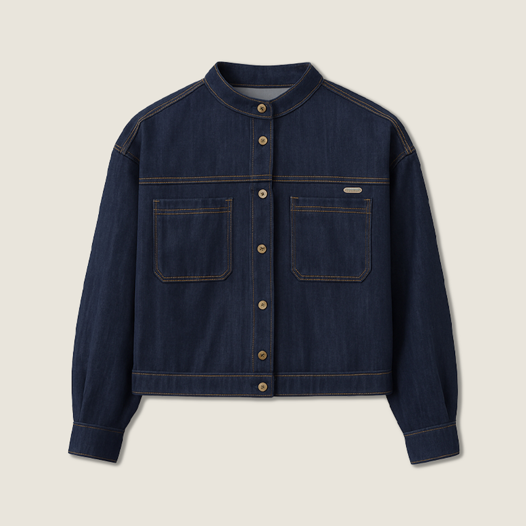 Women's Cropped Casual Button-Front Denim Jacket with Stand Collar A10244