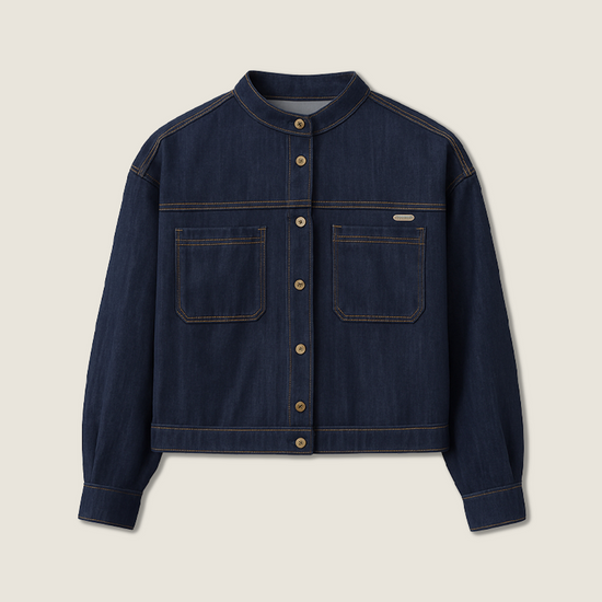 Women's Cropped Casual Button-Front Denim Jacket with Stand Collar A10244