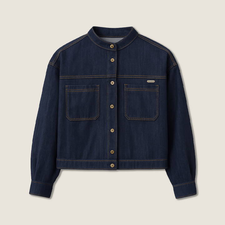 Women's Cropped Casual Button-Front Denim Jacket with Stand Collar A10244