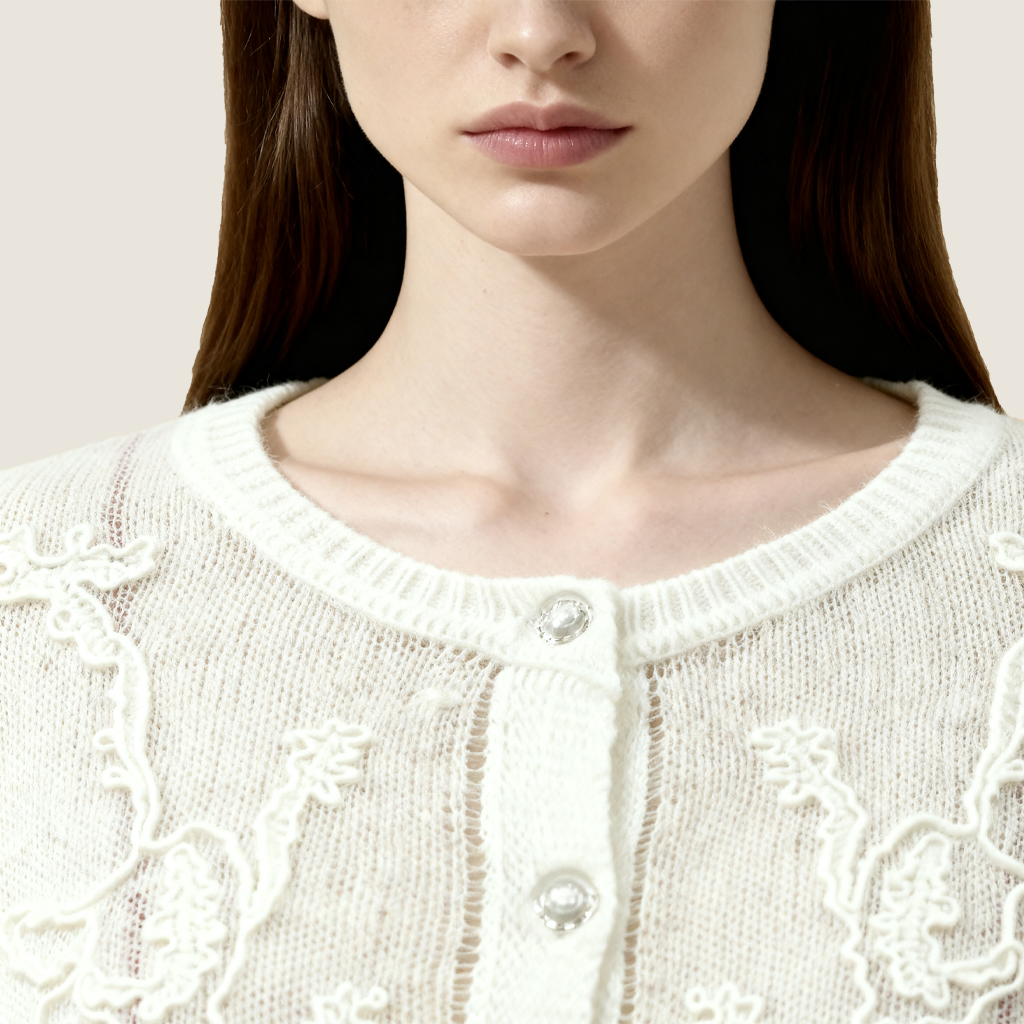 Sheer Embroidered Lace Knit Cardigan - M31N