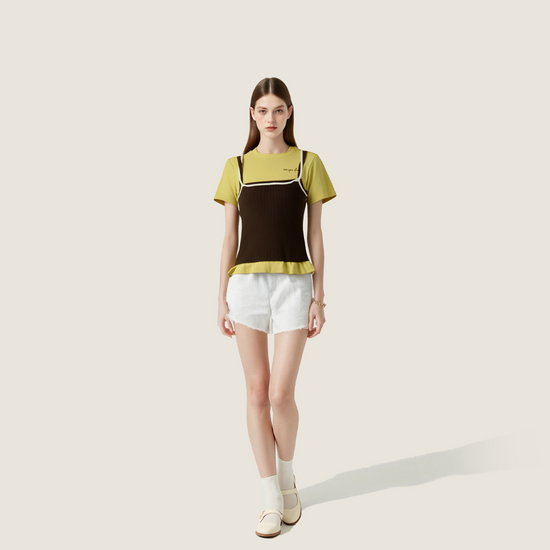 Women's Layered Contrast Color Tank & Tee Trendy Two-in-One Style A10198