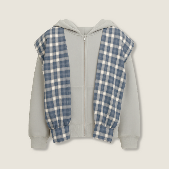 Women's Grey Zip-Up Hoodie with Blue Plaid Panel Trendy Casual Long Sleeve Jacket A10005