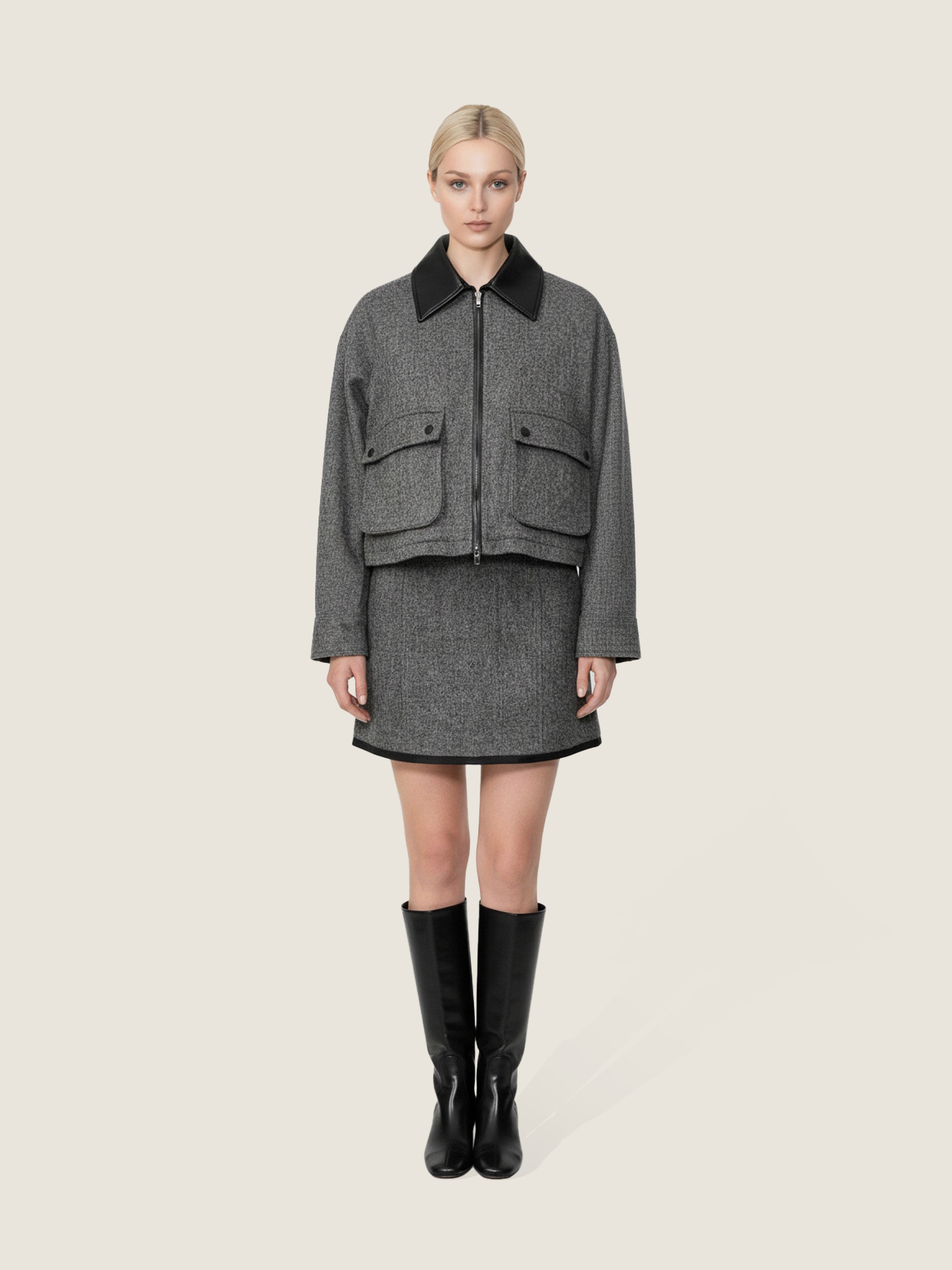 Charcoal Contrast-Collar Two Piece Set M31N