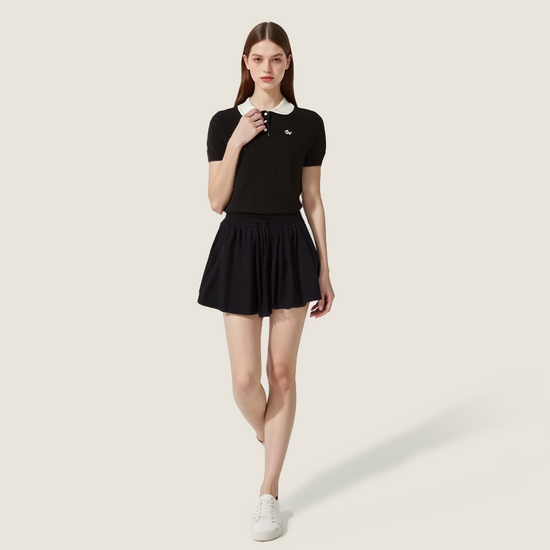 Women's Black Cropped Polo Sweater with White Collar and Fox Embroidery-Trendy Casual Knit Top A10049