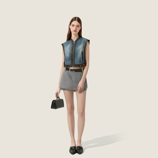 Women's Blue Denim Zip-Up Vest with Vegan Leather Trim A10247