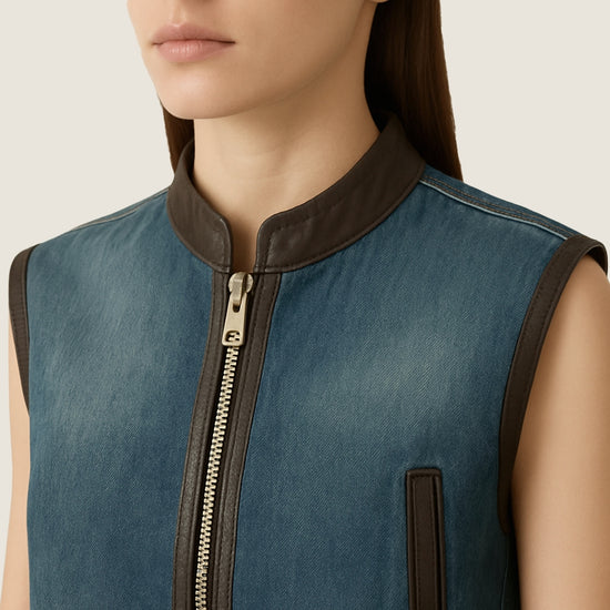 Women's Blue Denim Zip-Up Vest with Vegan Leather Trim A10247