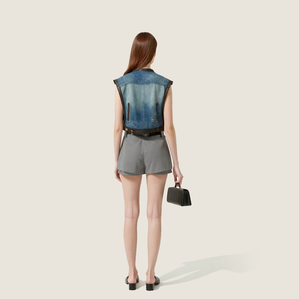 Women's Blue Denim Zip-Up Vest with Vegan Leather Trim A10247