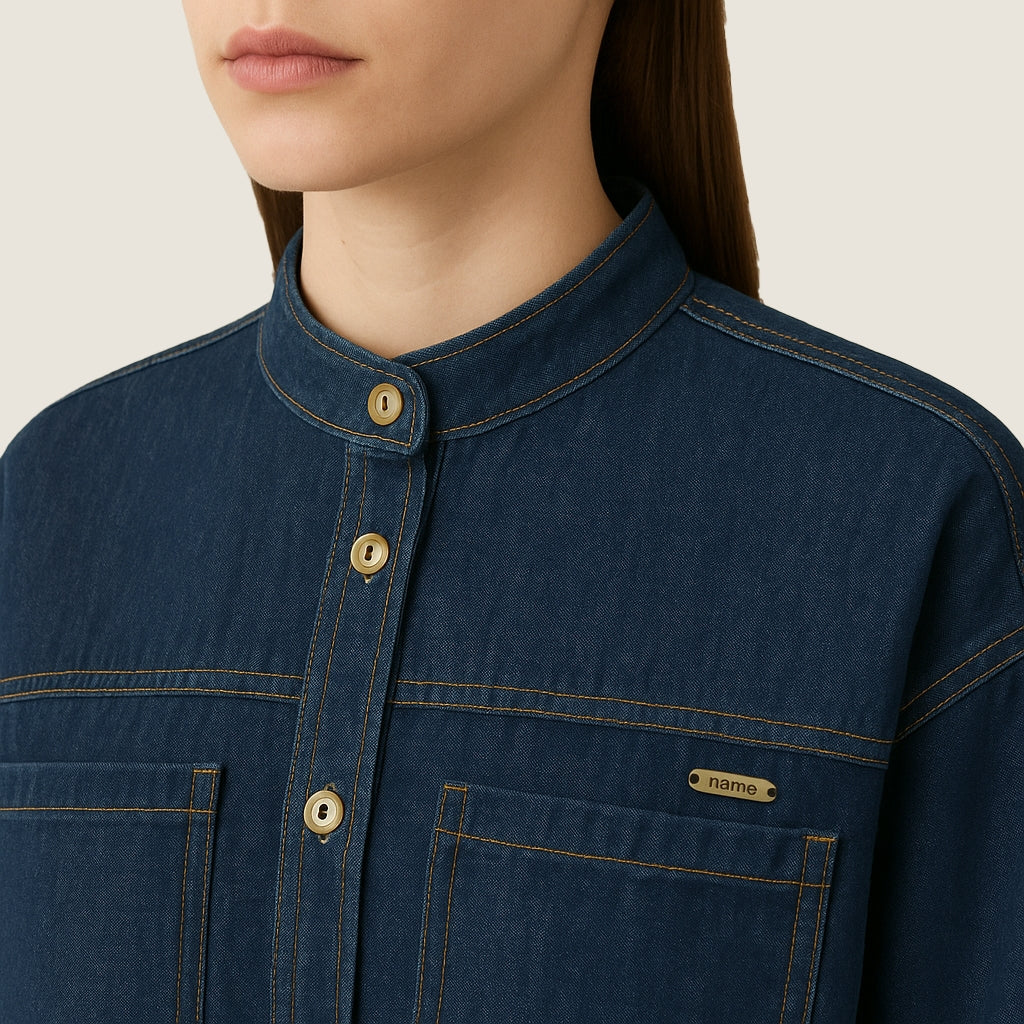 Women's Cropped Casual Button-Front Denim Jacket with Stand Collar A10244