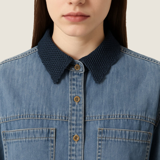 Women's Vintage Wash Denim Button-Down Shirt with Lace Collar and Cuffs A10250