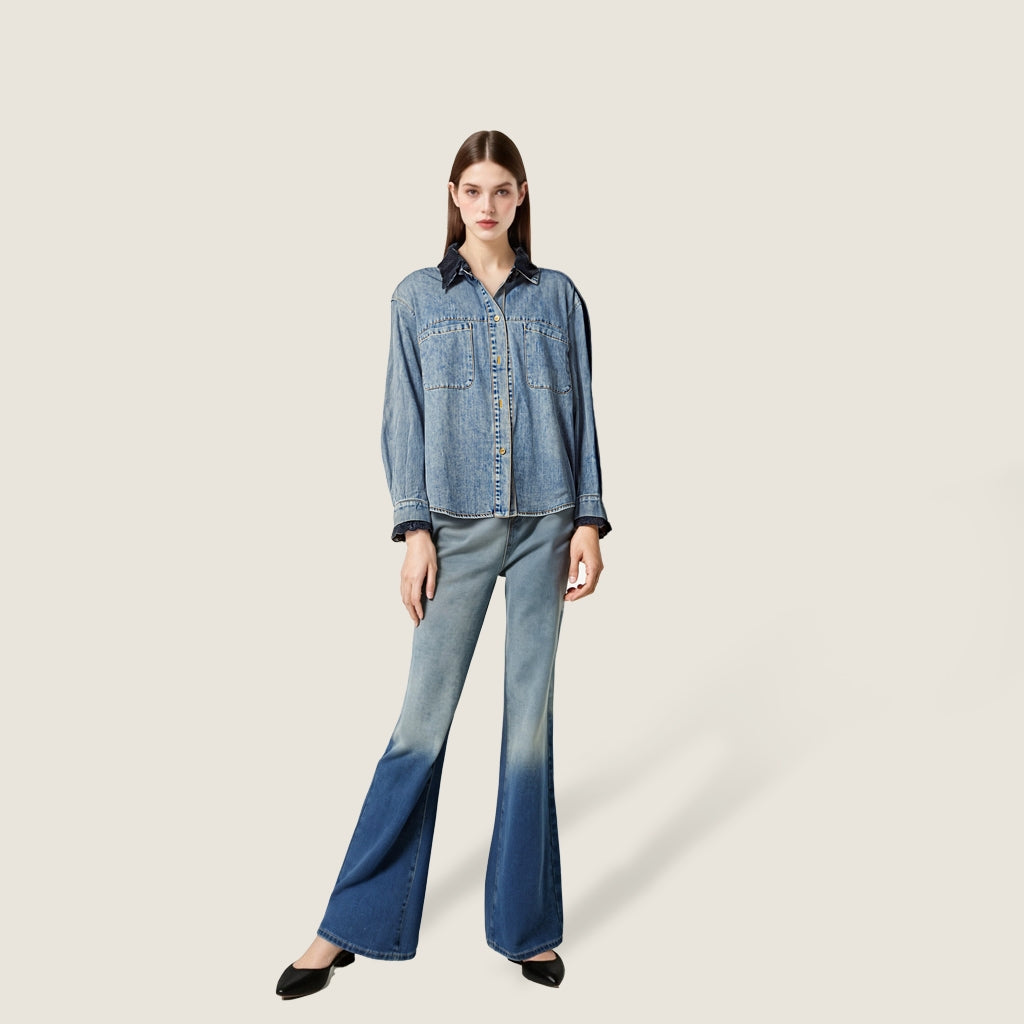 Women's Vintage Wash Denim Button-Down Shirt with Lace Collar and Cuffs A10250