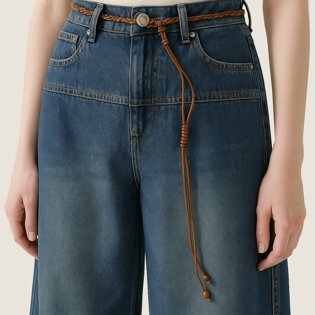 Women's Vintage High-Waisted Wash Wide-Leg Denim Capris A10174