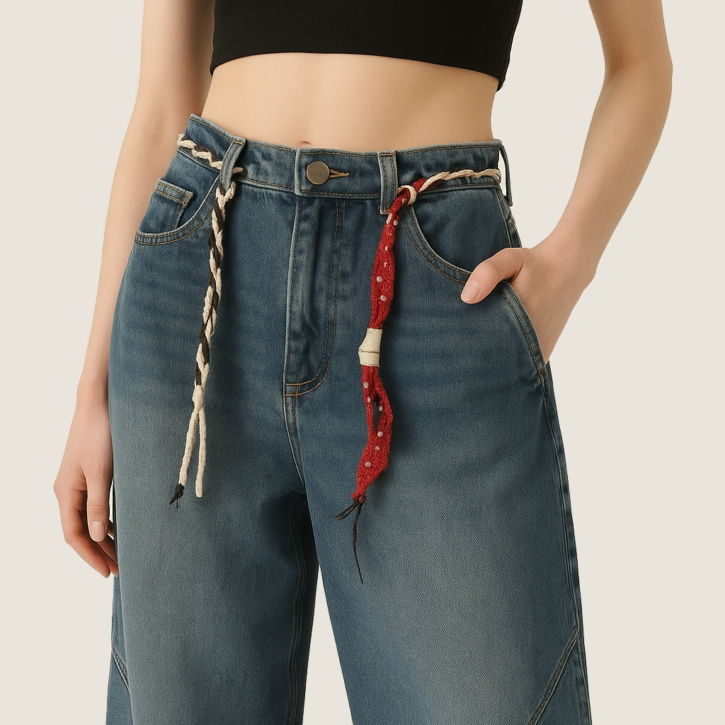 Women's Loose Vintage Washed Wide Leg Jeans with Braided Belt Included A10173