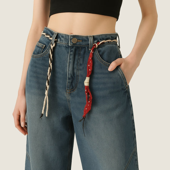 Women's Loose Vintage Washed Wide Leg Jeans with Braided Belt Included A10173