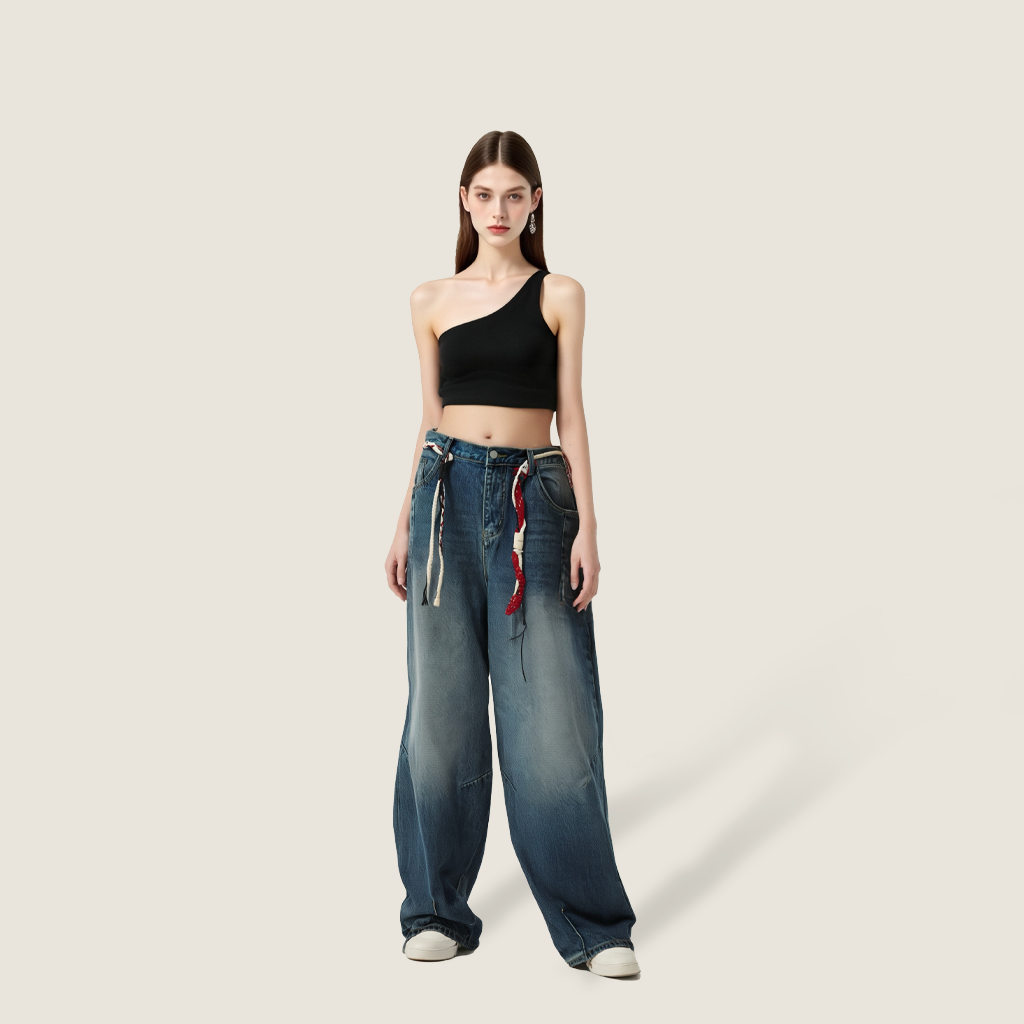 Women's Loose Vintage Washed Wide Leg Jeans with Braided Belt Included A10173