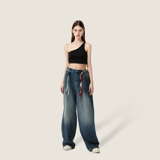 Women's Loose Vintage Washed Wide Leg Jeans with Braided Belt Included A10173