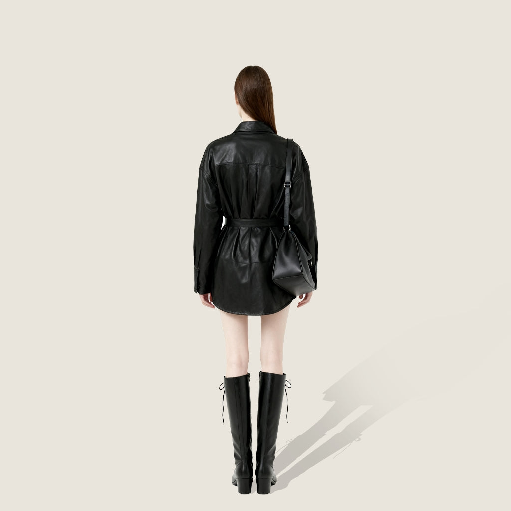 Belted Vegan Leather Shirt Jacket A10415