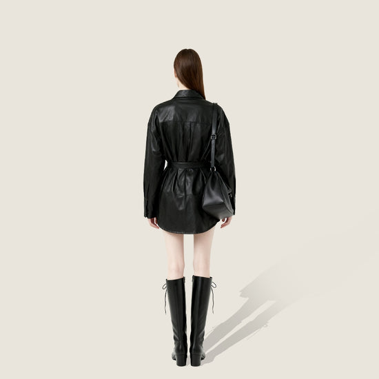 Belted Vegan Leather Shirt Jacket A10415