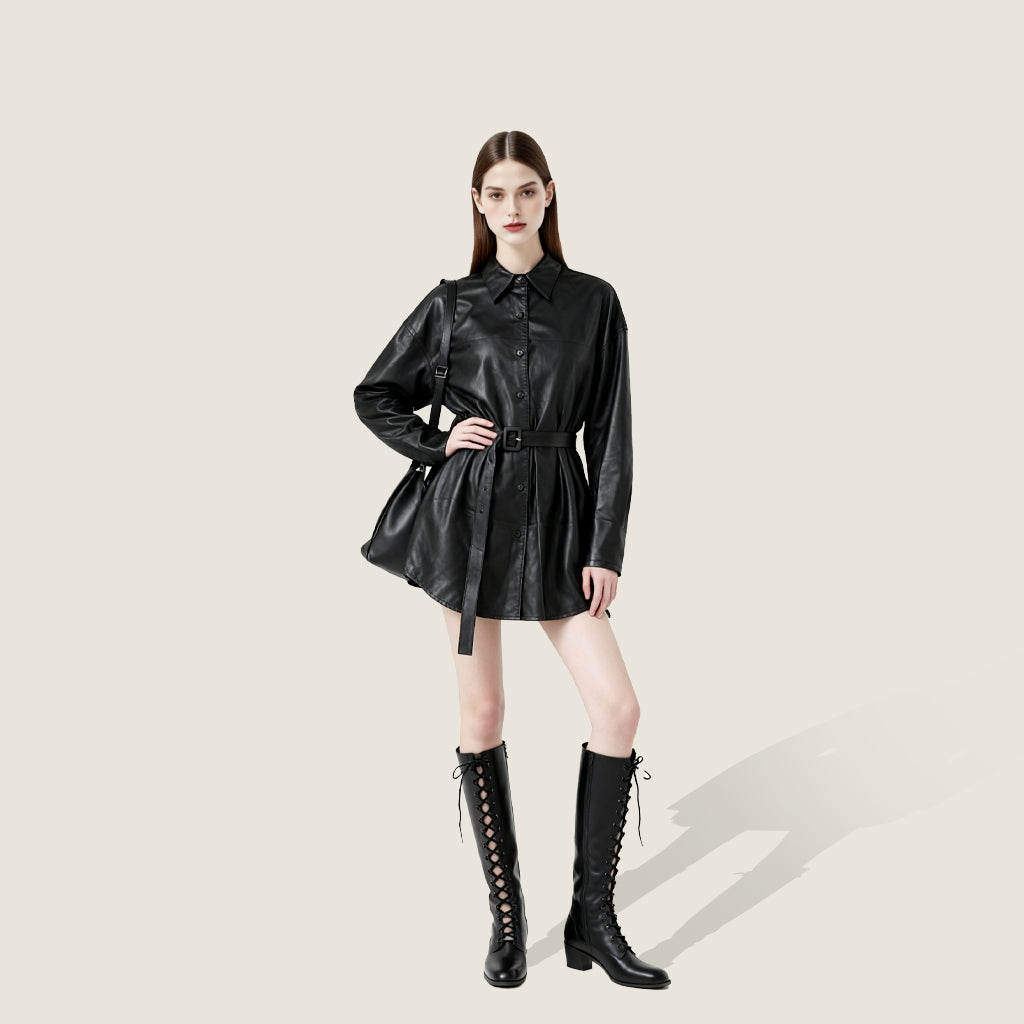 Belted Vegan Leather Shirt Jacket A10415