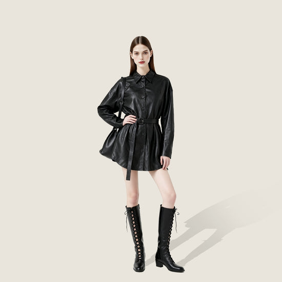 Belted Vegan Leather Shirt Jacket A10415