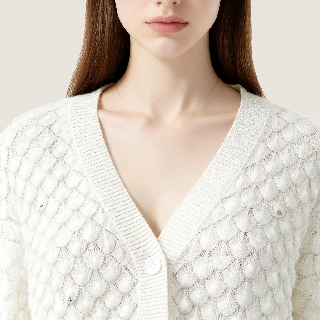 Petal Knit Cashmere Cardigan with Beaded Detail A10404