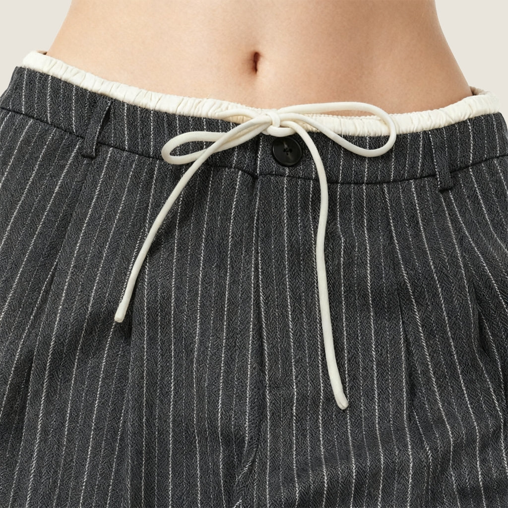 Pinstripe Jacket with Lace Belt and Wide-Leg Trousers A10407