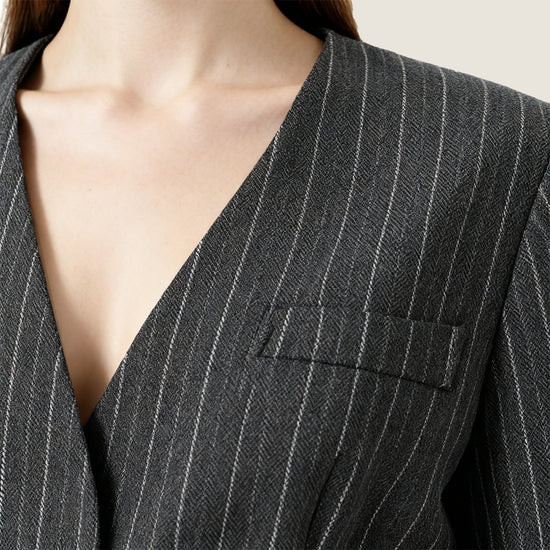 Pinstripe Jacket with Lace Belt and Wide-Leg Trousers A10407
