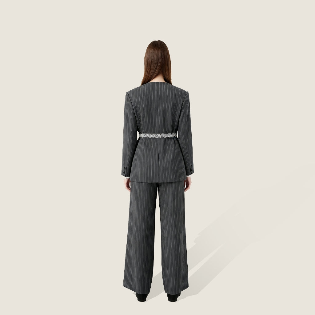 Pinstripe Jacket with Lace Belt and Wide-Leg Trousers A10407