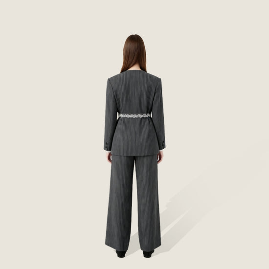 Pinstripe Jacket with Lace Belt and Wide-Leg Trousers A10407