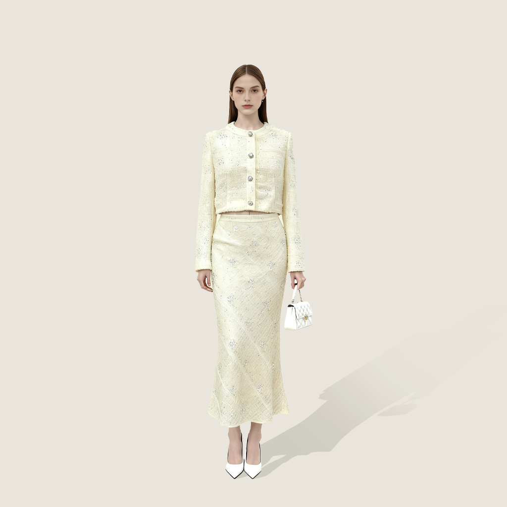 Cream Embellished Tweed Maxi Set A10443
