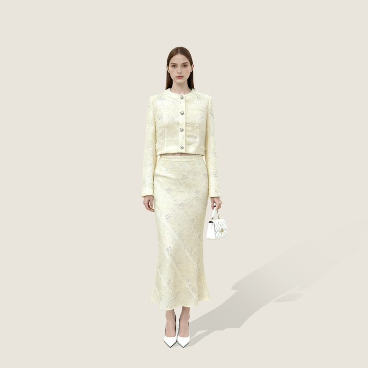 Cream Embellished Tweed Maxi Set A10443
