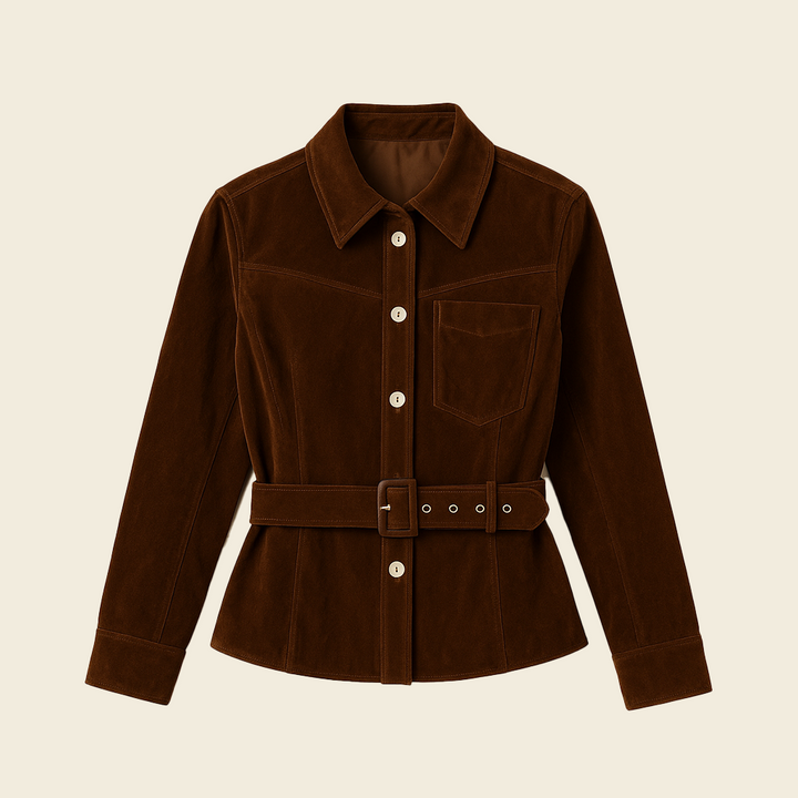 Women's Corduroy Button Front Collared Belted Shirt Jacket A10166
