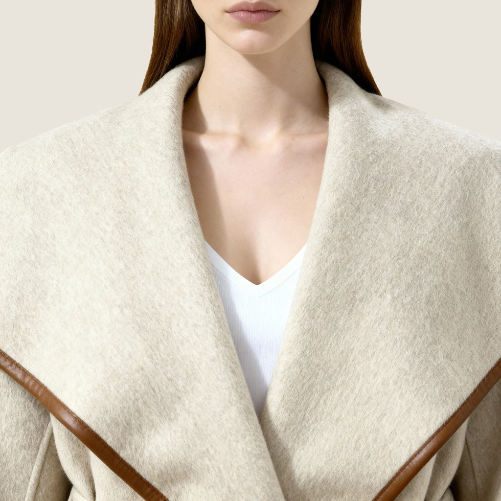 Ivory Wool Coat with Camel Trim M31N