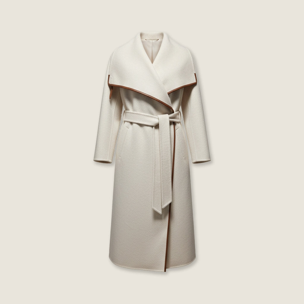 Ivory Wool Coat with Camel Trim M31N