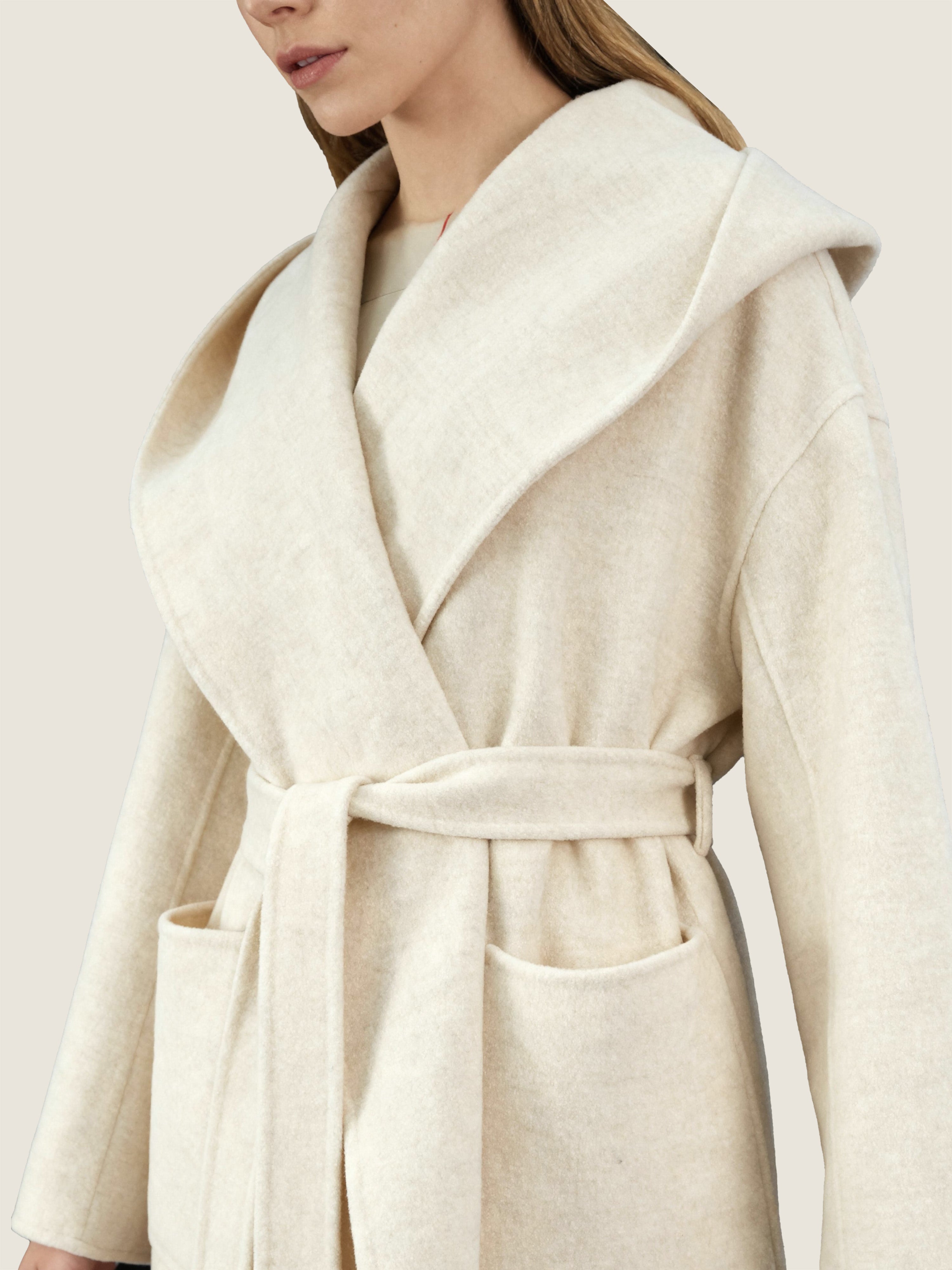 Cream Wool Belted Overcoat M31N