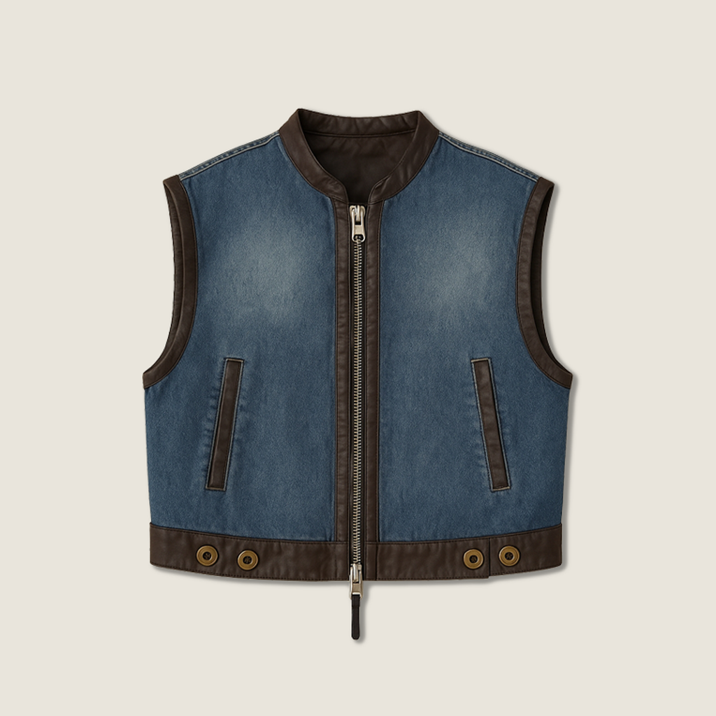 Women's Blue Denim Zip-Up Vest with Vegan Leather Trim A10247
